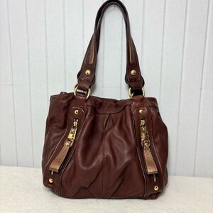 B. Makowsky Chocolate Brown Pebbeled Leather Gold Accents Two Straps Purse/Bag